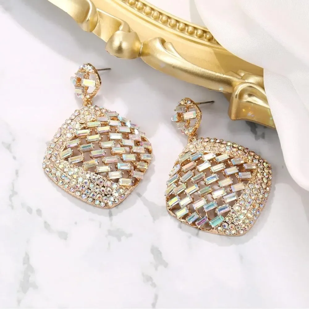 Yellow Gold with Iridescent AB Austrian Crystal Rhombus Chandelier Post Earrings